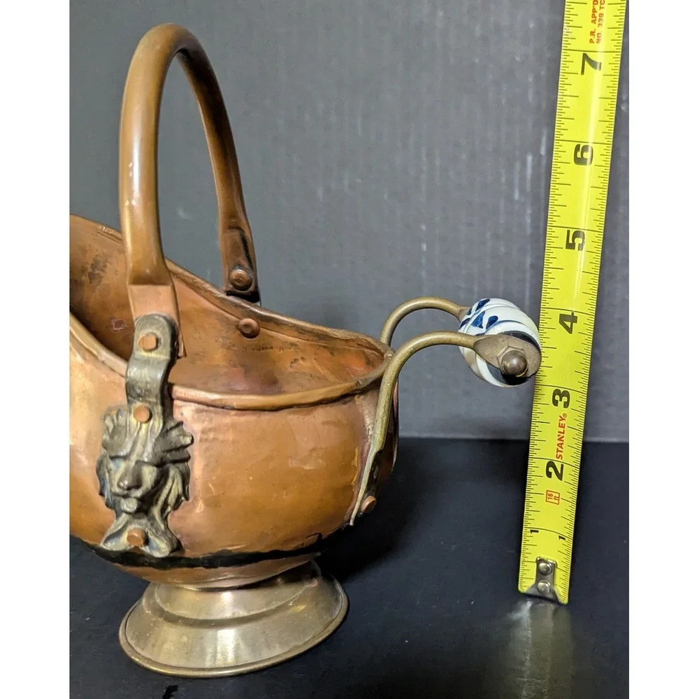 Vintage MCM Copper & Brass Coal Scuttle Lion Mounts Delft-Style Ceramic Handle